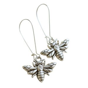 Oxidised Silver Bee Design Dangle Earrings, A pair of silver bee-shaped dangle earrings with long hooks displayed on white background, highlighting the intricate detailing of the wings and body.