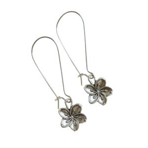 Oxidised Silver Flower Motif Dangle Earrings by Avvni Jewellery, A pair of silver flower dangle earrings with long hooks displayed on white background.