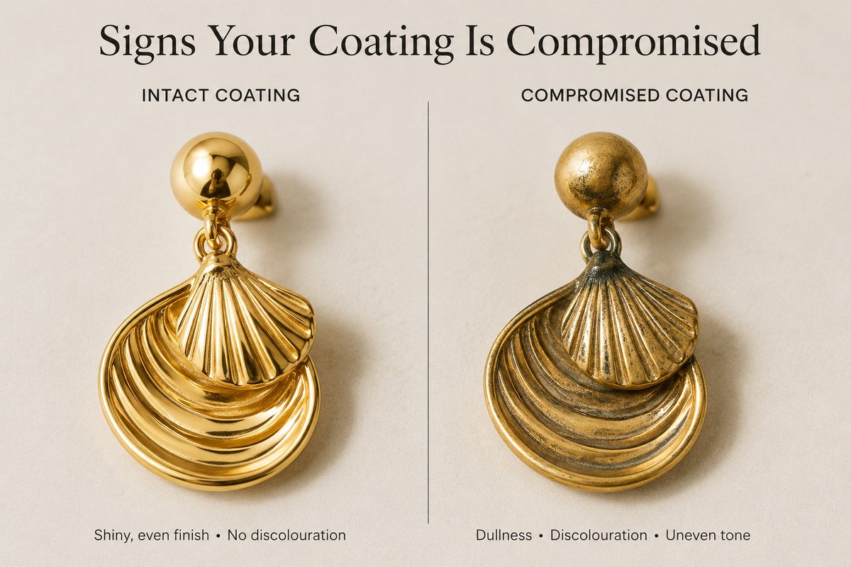 Side-by-side comparison of gold shell earrings showing an intact anti-tarnish coating versus a compromised coating, highlighting signs such as dullness, discoloration, uneven tone, and loss of shine.