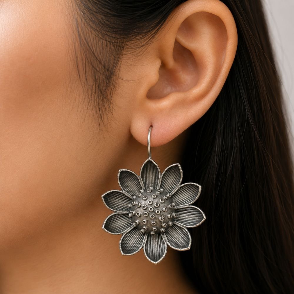 Avvni Oxidised Silver Sunflower Earrings | Avvni The Store Model wearing Oxidised Silver Sunflower Earrings