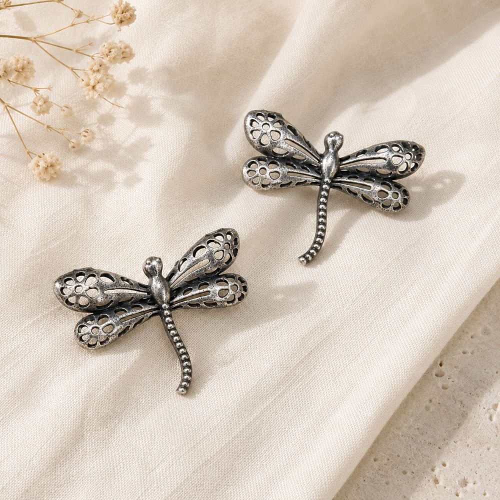Avvni Oxidised Silver Dragonfly Stud Earrings | Avvni The Store Close-up of Oxidised Dragonfly Stud Earrings for women and girls
