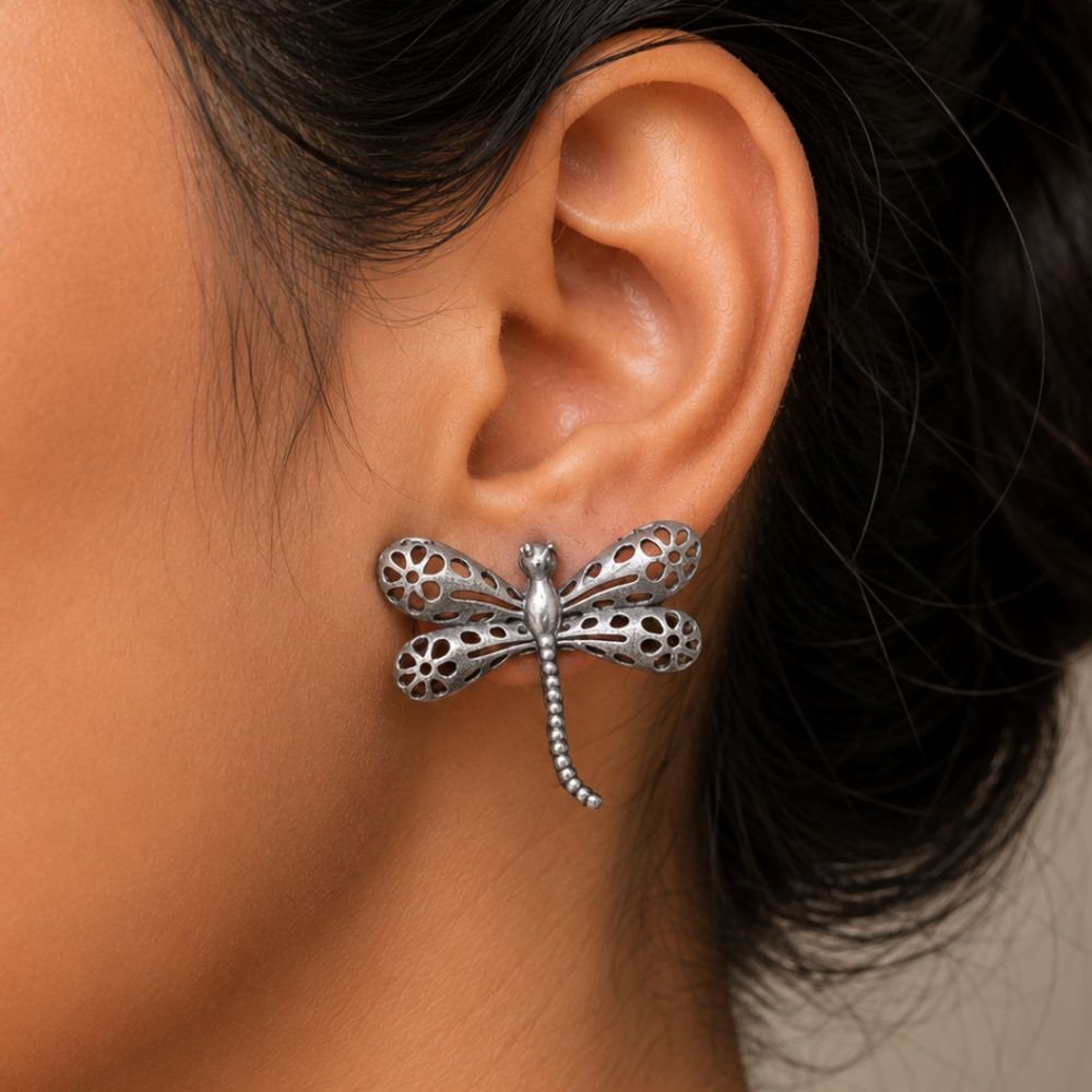 Avvni Oxidised Silver Dragonfly Stud Earrings | Avvni The Store Woman wearing Oxidised Silver Dragonfly Stud Earrings