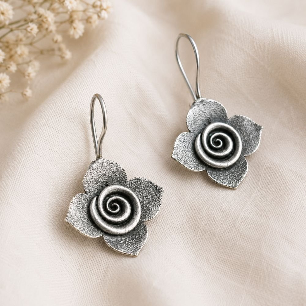 Avvni Oxidised Silver Floral Drop Earrings | Avvni The Store Close-up of Oxidised Silver Floral Drop Earrings