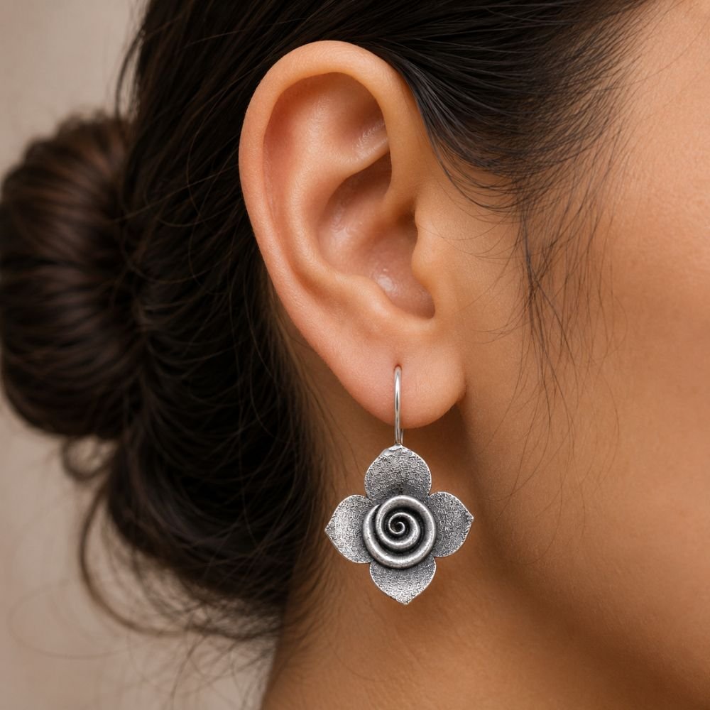 Avvni Oxidised Silver Floral Drop Earrings | Avvni The Store Woman wearing Oxidised Silver Floral Drop Earrings