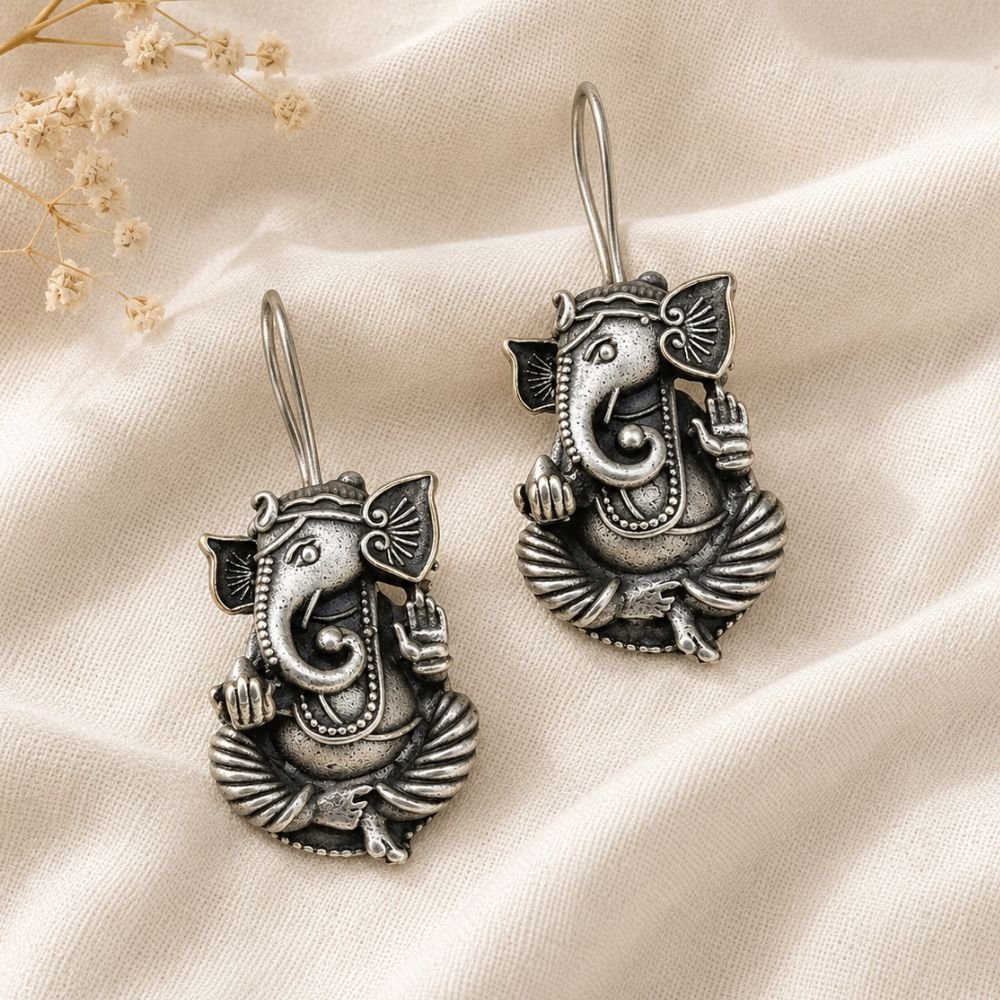Avvni Oxidised Silver Ganesha Drop Earrings | Avvni The Store Close-up of Oxidised Silver Ganesha Drop Earrings