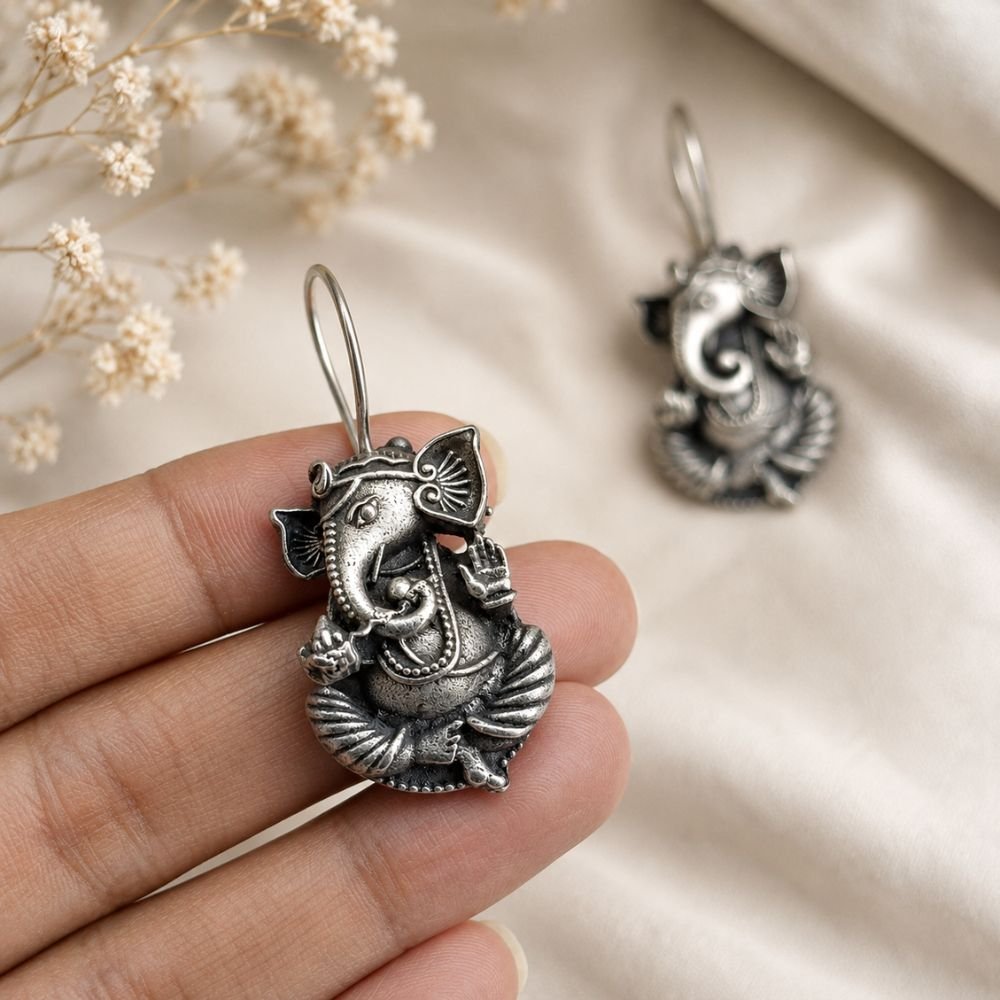 Avvni Oxidised Silver Ganesha Drop Earrings | Avvni The Store Close-up of Oxidised Silver Ganesha Drop Earrings