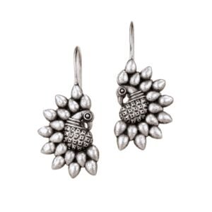 Oxidised Silver Peacock Drop Earrings with intricate peacock design by Avvni The Store