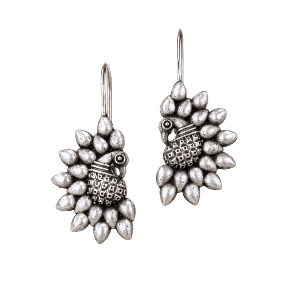Avvni Oxidised Silver Peacock Drop Earrings | Avvni The Store Oxidised Silver Peacock Drop Earrings with intricate peacock design by Avvni The Store