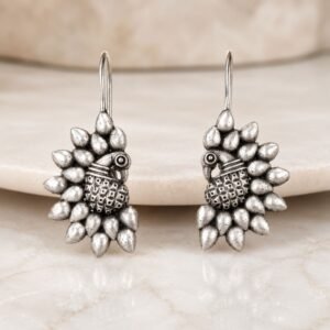 Oxidised Silver Peacock Drop Earrings with intricate peacock design by Avvni The Store