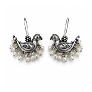 Oxidised Silver Peacock Pearl Drop Earrings for women with traditional peacock design