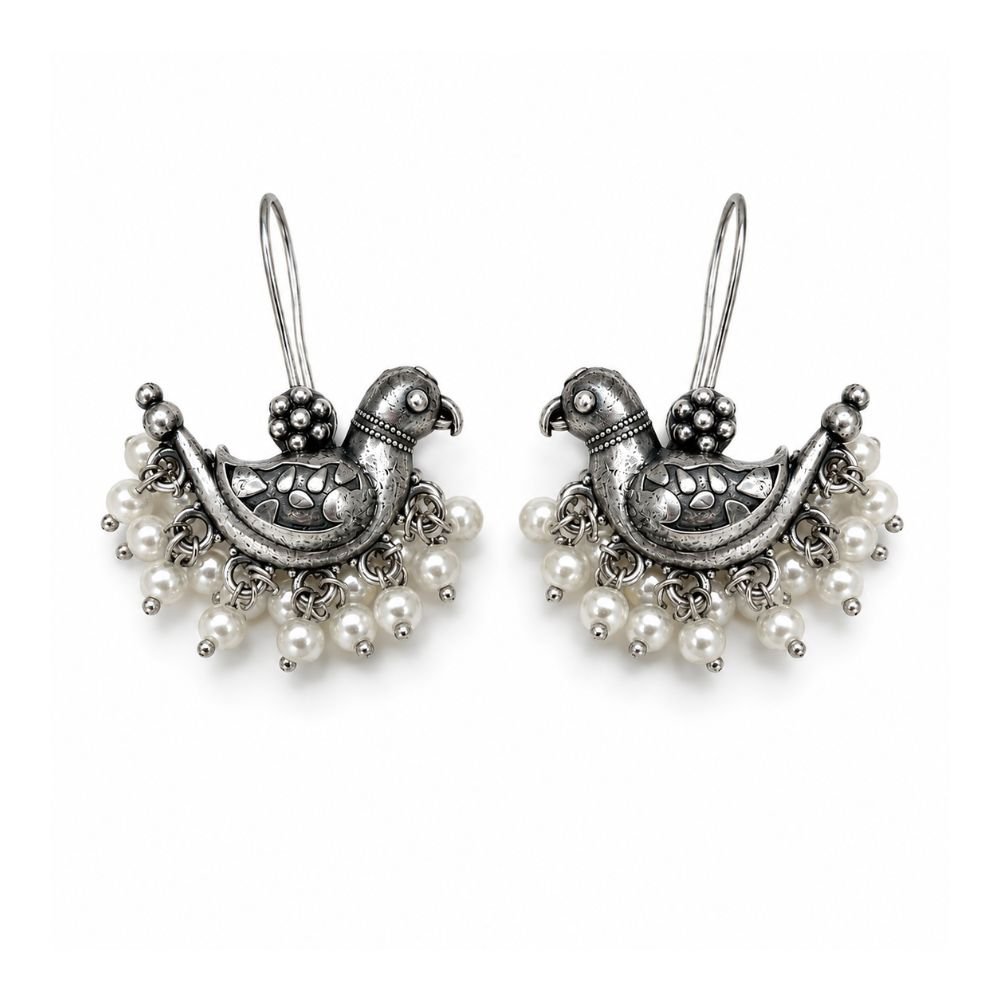 Avvni Oxidised Silver Peacock Pearl Drop Earrings | Avvni The Store Oxidised Silver Peacock Pearl Drop Earrings for women with traditional peacock design