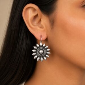 Avvni The Store | Avvni The Store Oxidised Silver Sunflower Drop Earrings with floral design by Avvni The Store