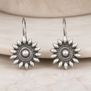 Oxidised Silver Sunflower Drop Earrings with floral design by Avvni The Store