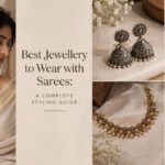 Best jewellery to wear with sarees, featuring a woman in a saree wearing oxidised jhumka earrings, bangles, and ring, with close-up views of Indian jewellery and a necklace.
