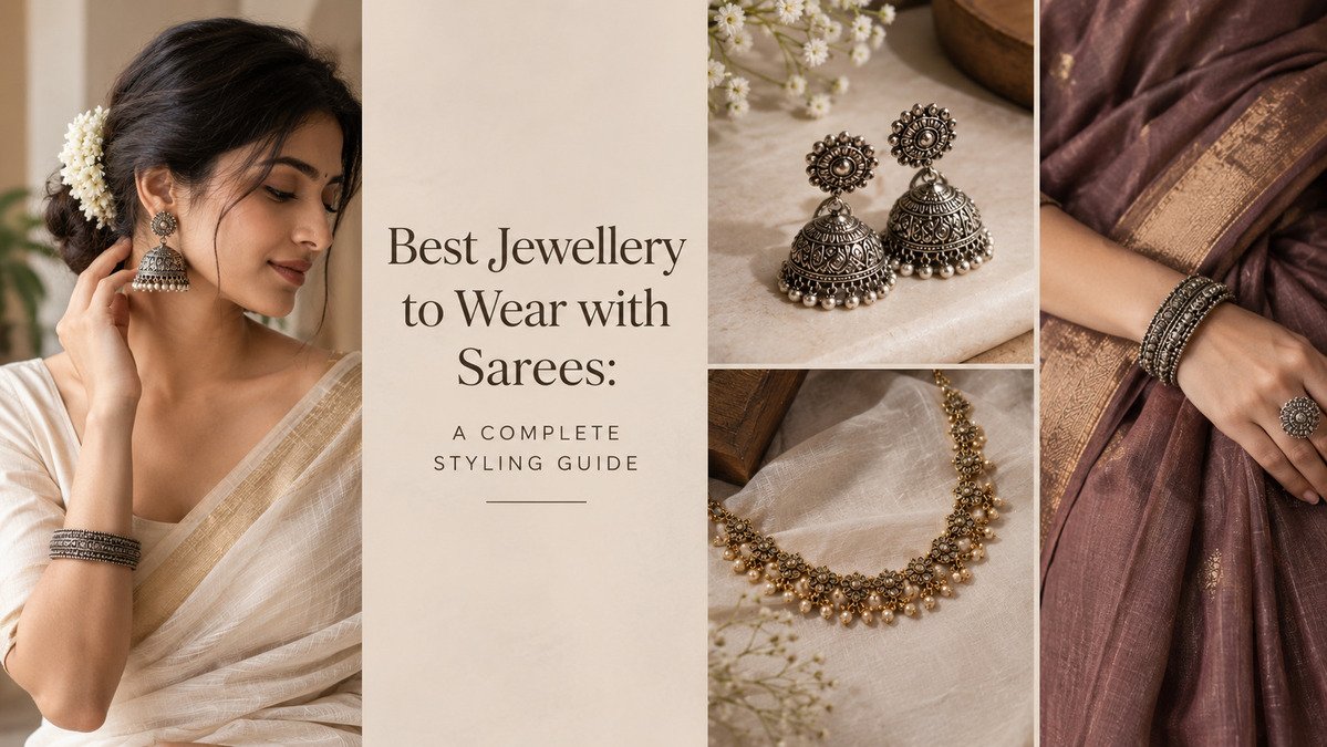 Best jewellery to wear with sarees, featuring a woman in a saree wearing oxidised jhumka earrings, bangles, and ring, with close-up views of Indian jewellery and a necklace.